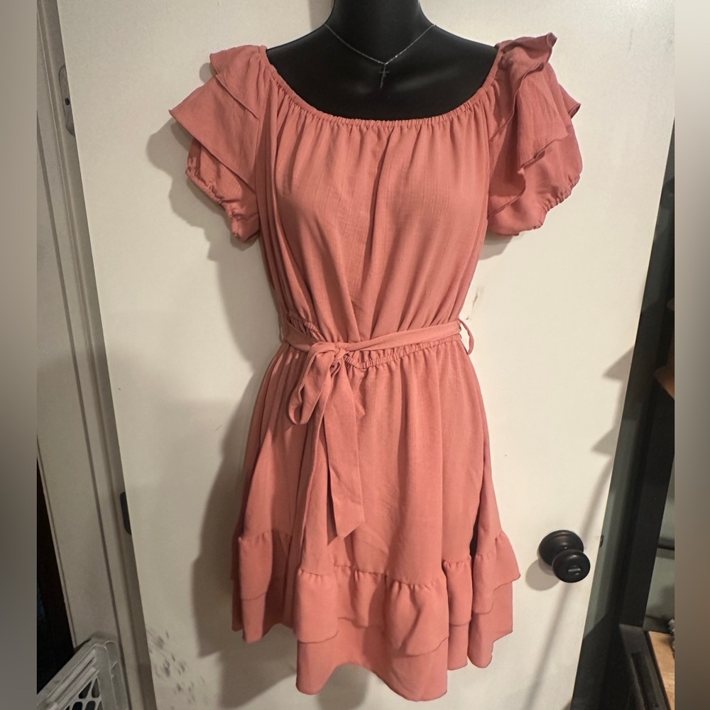 4/$16 SHUN Lo Coral Ruffled Off Shoulder Mini Dress NWT